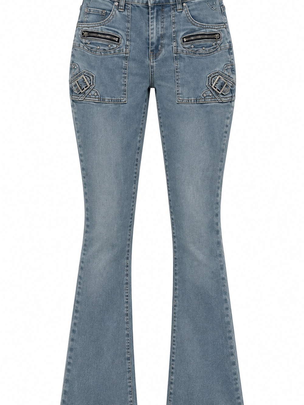 Light Blue Jeans with Zip Pocket Accents Buckles Boot Cut Size 11